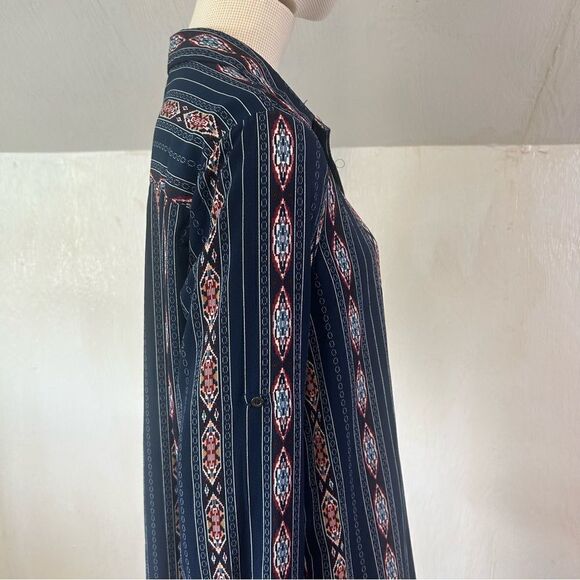 Entro Navy Blue Southwestern Pattern Shirtdress with rolled up sleeves - Picture 10 of 16